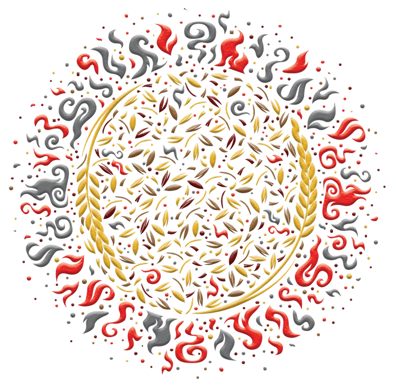 Intricate circular mandala illustration of rice and botanicals